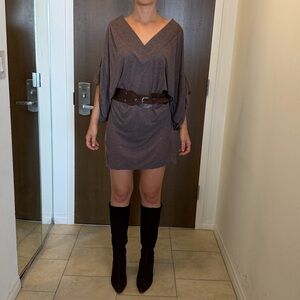 BCBGMaxAzria Brown Komono Style Mini Dress with tie in back. (belt not included)